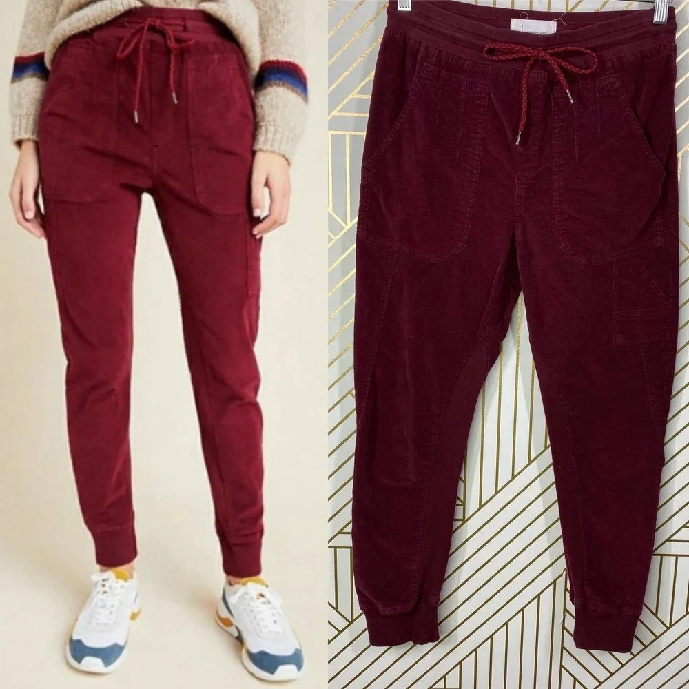 Anthropologie Leigh Jogger Pants Drawstring Corduroy Maroon Burgundy Red Size XS